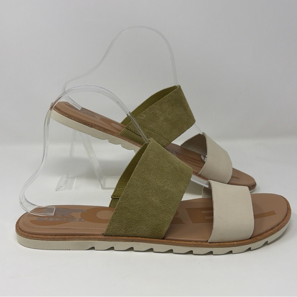 Sorel Ella II Slide Sandals Womens 9 Olive Chalk Leather Flat STORE MODEL